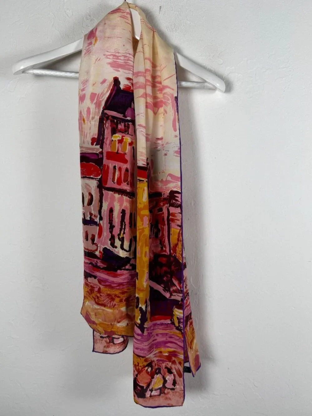 100% Silk Scarf Watercolor Cityscape Print Pink Purple Artsy 62x16 Lightweight
